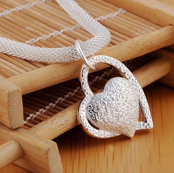 Silver Plated Double Heart Pendant Women's Necklace - Picture 4 of 10